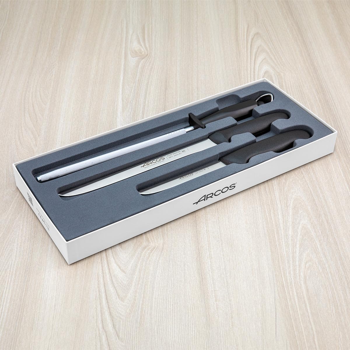 Arcos Set Jamonero 3 Pièces - Couteau à Jambon, Désosseur, Fusil à Aiguiser avec Étui - Acier Inoxydable NITRUM, Manche Ergonomique - Série 2900