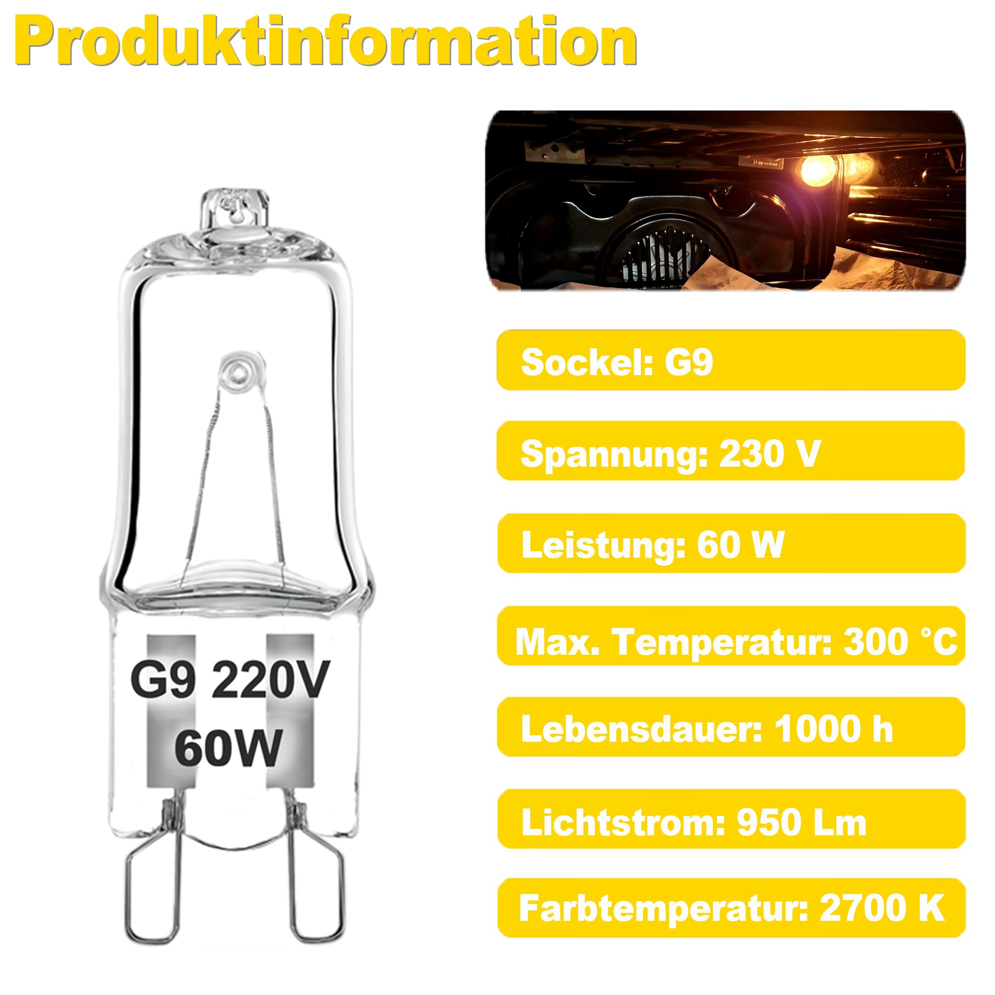 2 sztuki żarówek do piekarnika G9, super jasna, 60 W, 220 V, 3000 K, ciepła biel, 12 mm x 48 mm, lampa do piekarnika, 950 lm, odporna na wysokie temperatury do 300°C, lampa lawowa