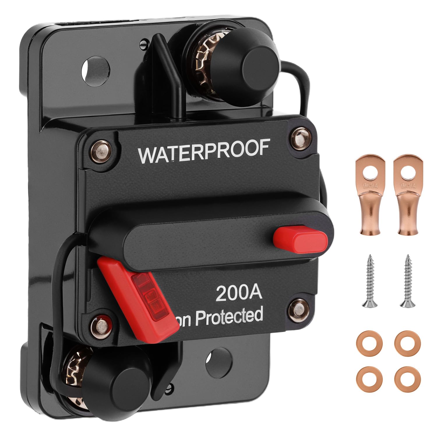 QWORK® Wyłącznik automatyczny 200 A, wyłącznik automatyczny z ręcznym resetowaniem, 12 V-48 V DC, do samochodów, łodzi i ciężarówek
