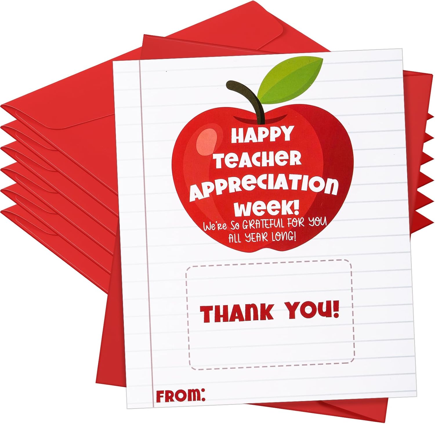 Gueevin 6 Pack Teacher Appreciation Cards with Envelopes and Stickers Apple Theme Thank You Cards for Teacher Appreciation Week End of Year and Graduation Gifts