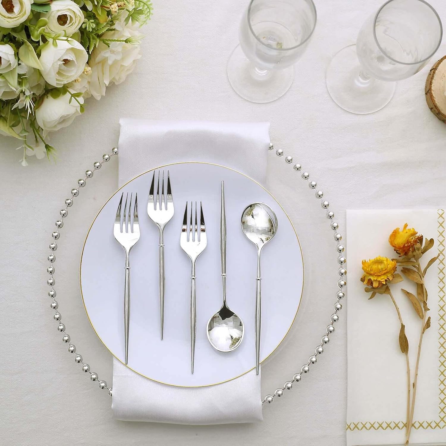 Efavormart 24-Pack 6" All-Silver Metallic Plastic Fork and Spoon Set; Sleek Heavy-Weight Dessert Silverware for Modern Winter Weddings and Contemporary Fine Dining Events
