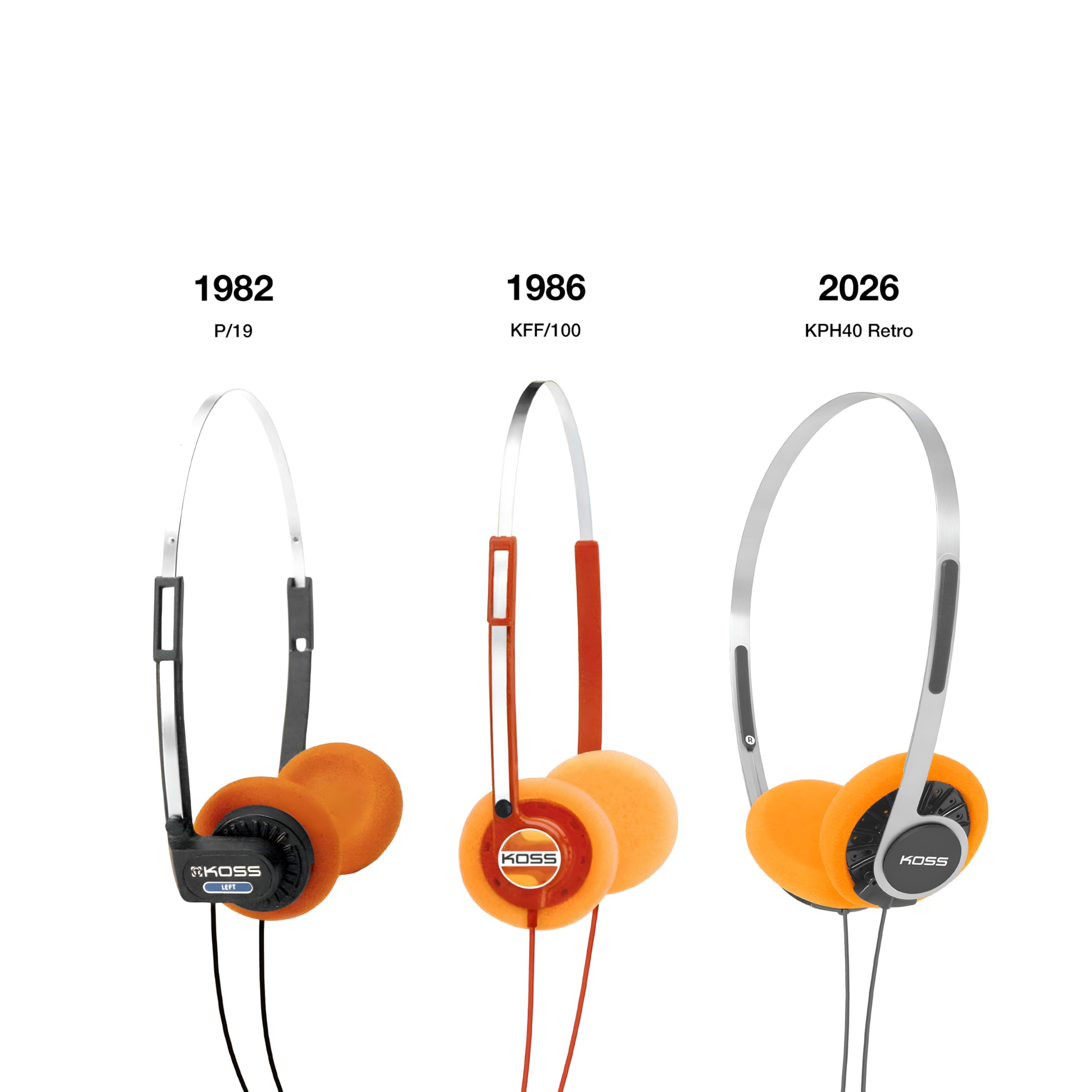 Koss KPH40 - Cuffie on-ear retrò, stile anni '80, leggere, vintage, risposta in frequenza ultra ampia, fascia regolabile in acciaio inossidabile, cuscinetti in schiuma arancione