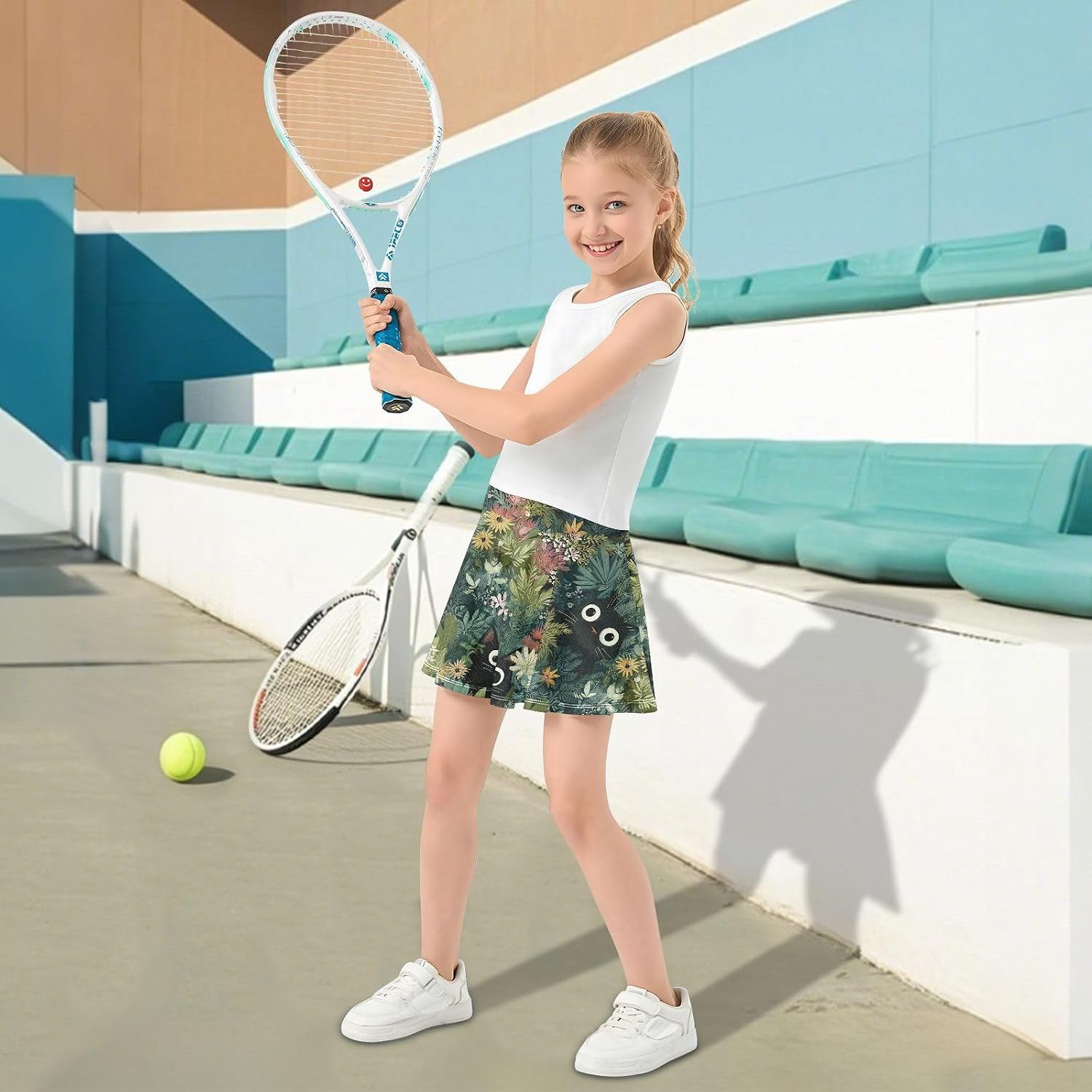visesunny Vintage Flower Cat Girl's Golf Skirt Athletic Tennis Skort Sport Activewear with Double Layer Pockets