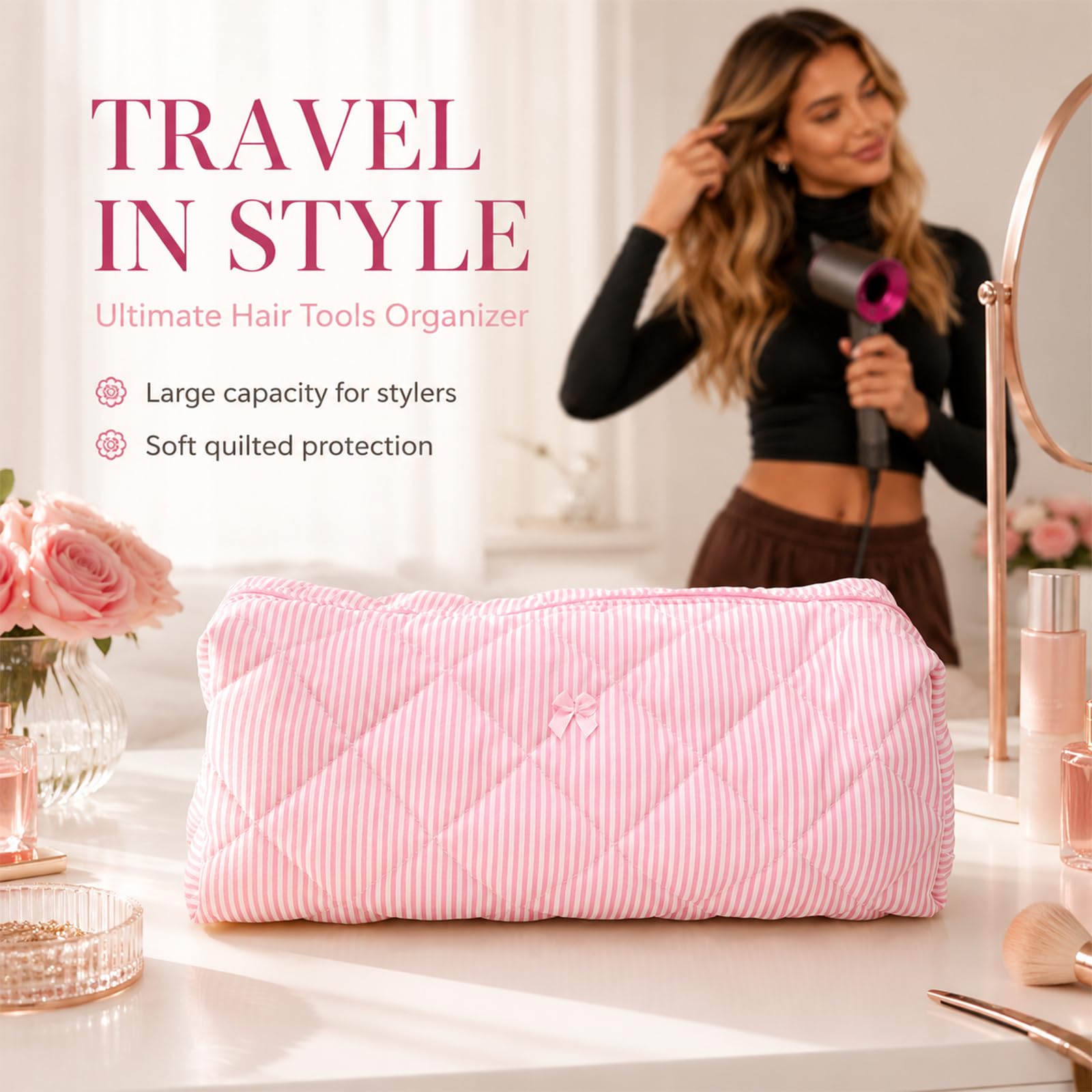 Aufbewahrungstasche für Dyson Airwrap und Zubehör, Reisetasche Kosmetiktasche, Große Kapazität mit Fächern, Leichtbau（Rosa gestreifter Stil）
