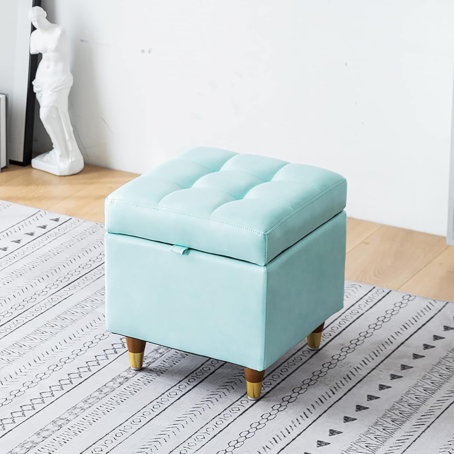 Modern Home Living Room Bedroom Storage Bench,Premium Pu Leather Upholstered Sofa Footstool,Rectangle Storage Shoe Bench Multifunction Benches-Light Blue 39x39x40cm(15x15x16inch)