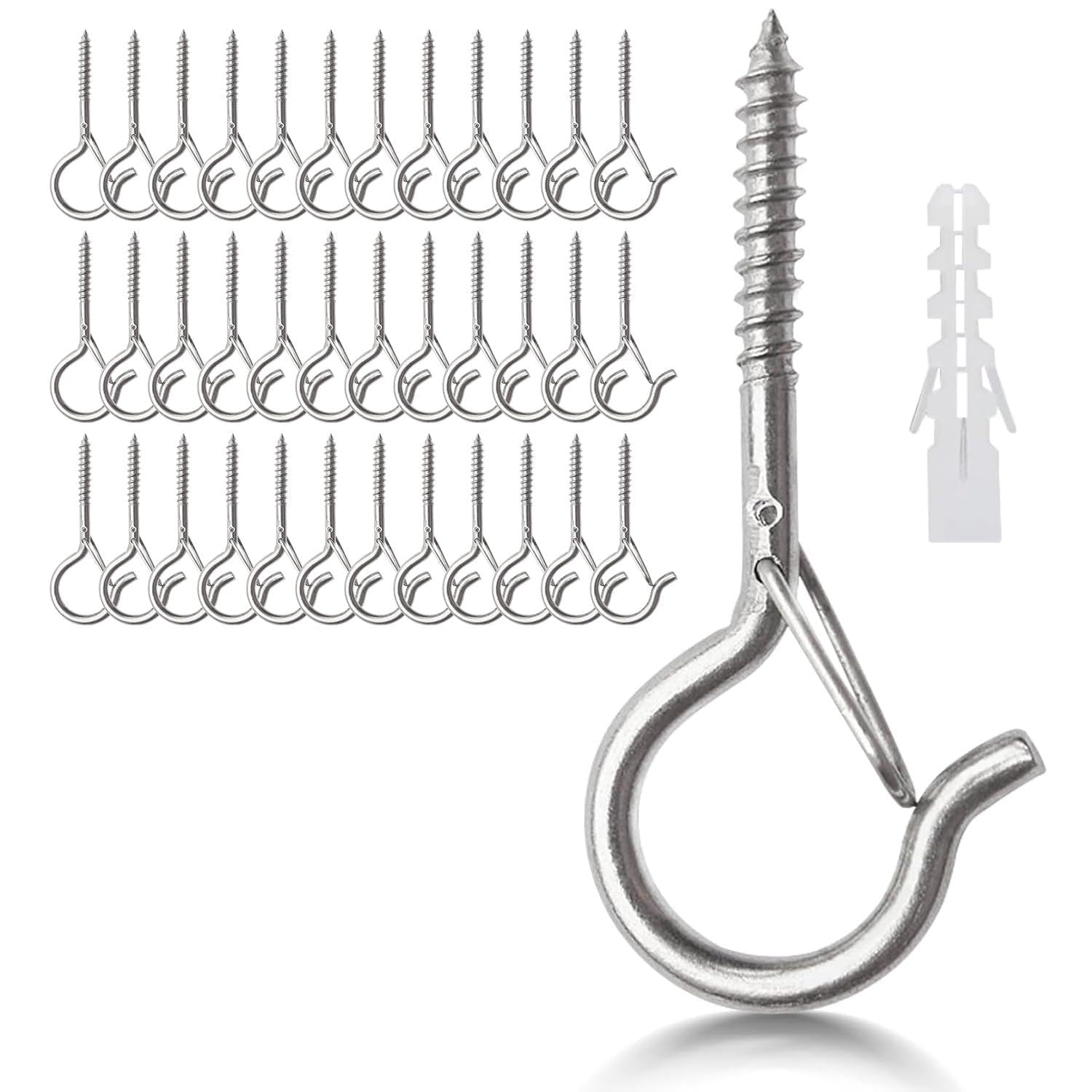 LYCXAMES Screw Hooks, Pack of 30 Stainless Steel Hook Screws with Fuse, Hooks for Screws, Ceiling Hooks, Wall Hooks for Hanging Potted Plants, Fairy Lights and Christmas Decoration, Silver