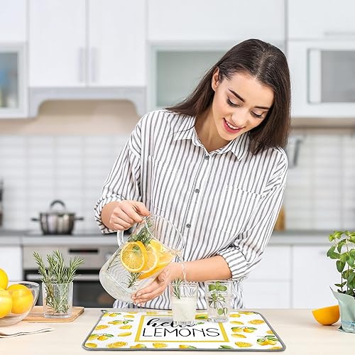 Miniatura 5 de Zonon 2 alfombrillas de secado de platos de limón para encimera de cocina, 16 x 24 pulgadas, hojas de limón amarillas de verano, de microfibra,