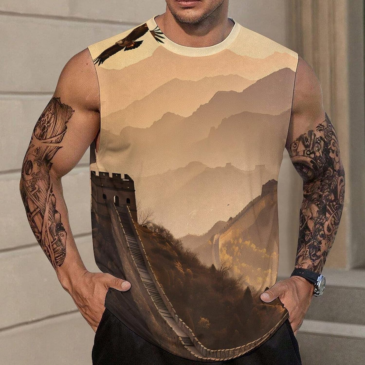 Great Wall of China with Eagle Men Summer Sleeveless Crew Neck Top 5XL