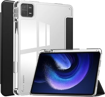 Xiaomi Pad 6 Case, Transparent Back, Clear Smart Pen Storage, Auto Sleep, Trifold Stand, Android Xiaomi Pad6 Tablet Cover, Transparent, Shockproof, Lightweight, Black