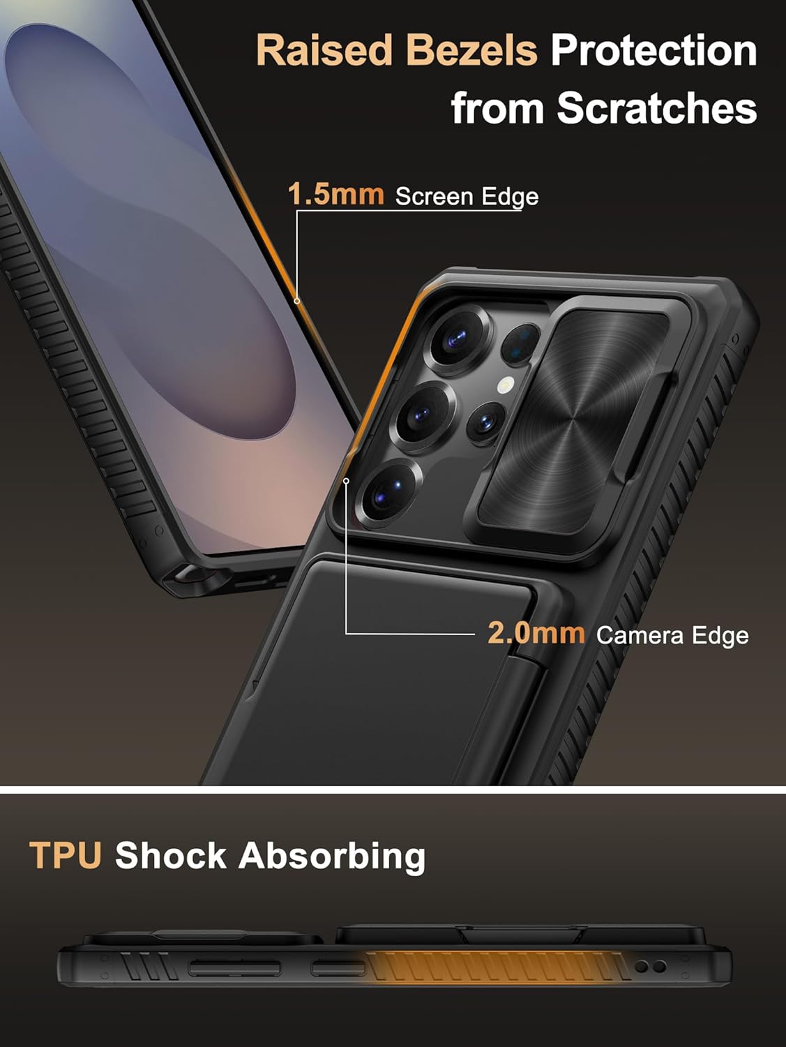 Vihibii for Samsung Galaxy S25 Ultra Case with Card Holder (4 Cards), RFID Blocking & Slide Camera Cover, Military Grade Drop Protection, Rugged Hard Back & Silicone Edge Wallet Case, 6.9" 2025, Black - Image 5