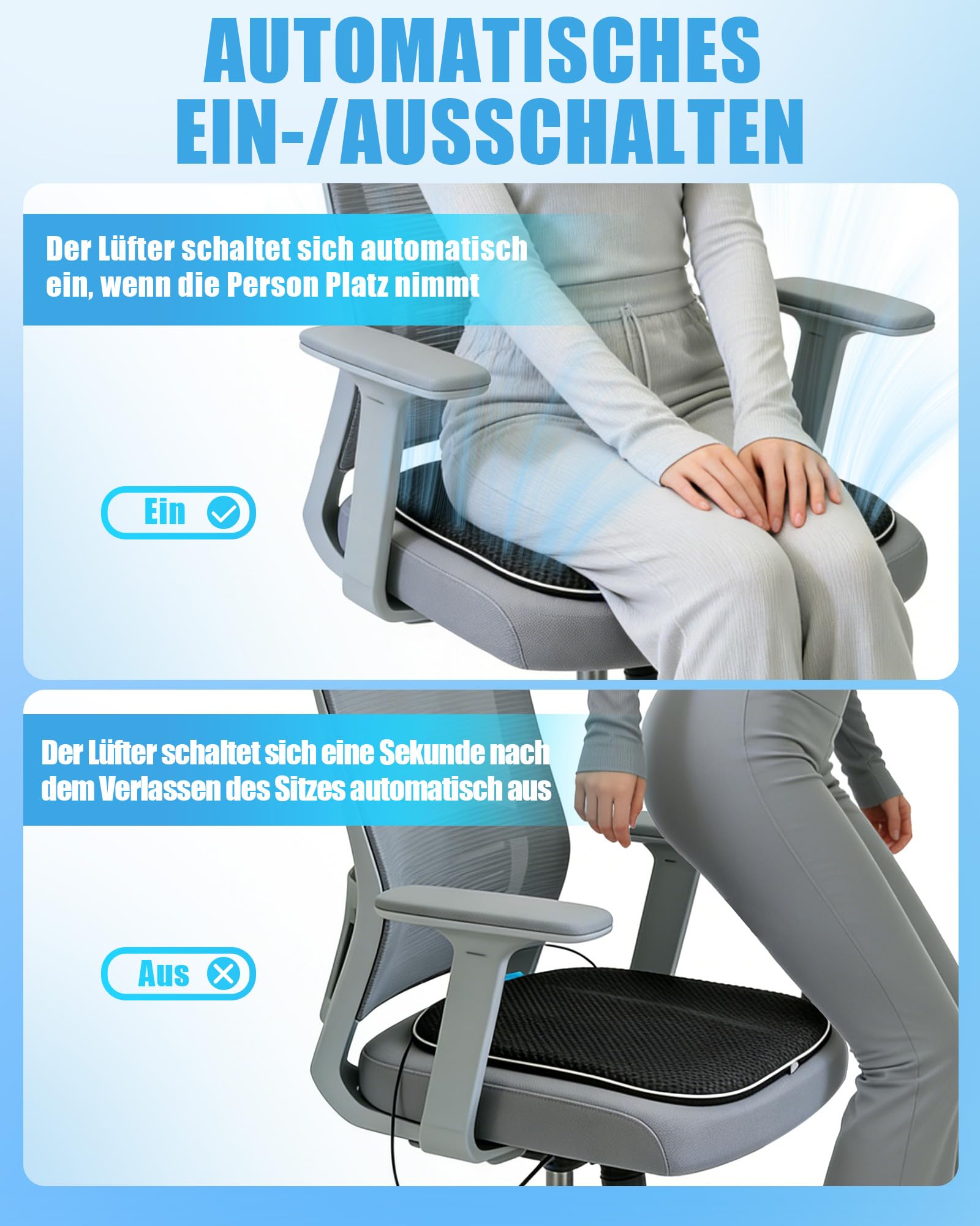 Sitzkissen mit Ventilator, Kühlende Sitzauflage mit Auto-Sensor