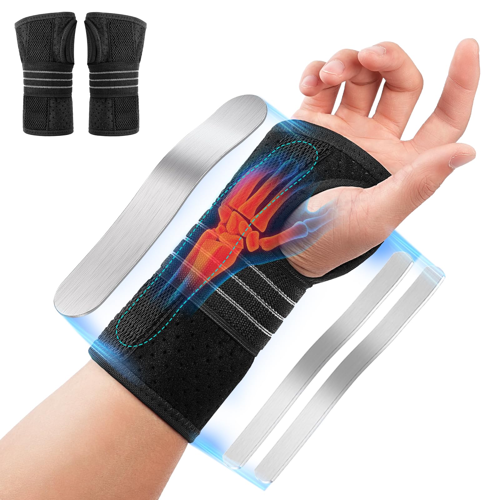 Handgelenkstütze, 2er Verstellbare Handgelenk Bandagen mit 3 Metallschienen, Handgelenkbandage für Karpaltunnel Arthritis Sehnenscheidenentzündung Verstauchungen, Nachtschlaf, Männer Frauen (M)