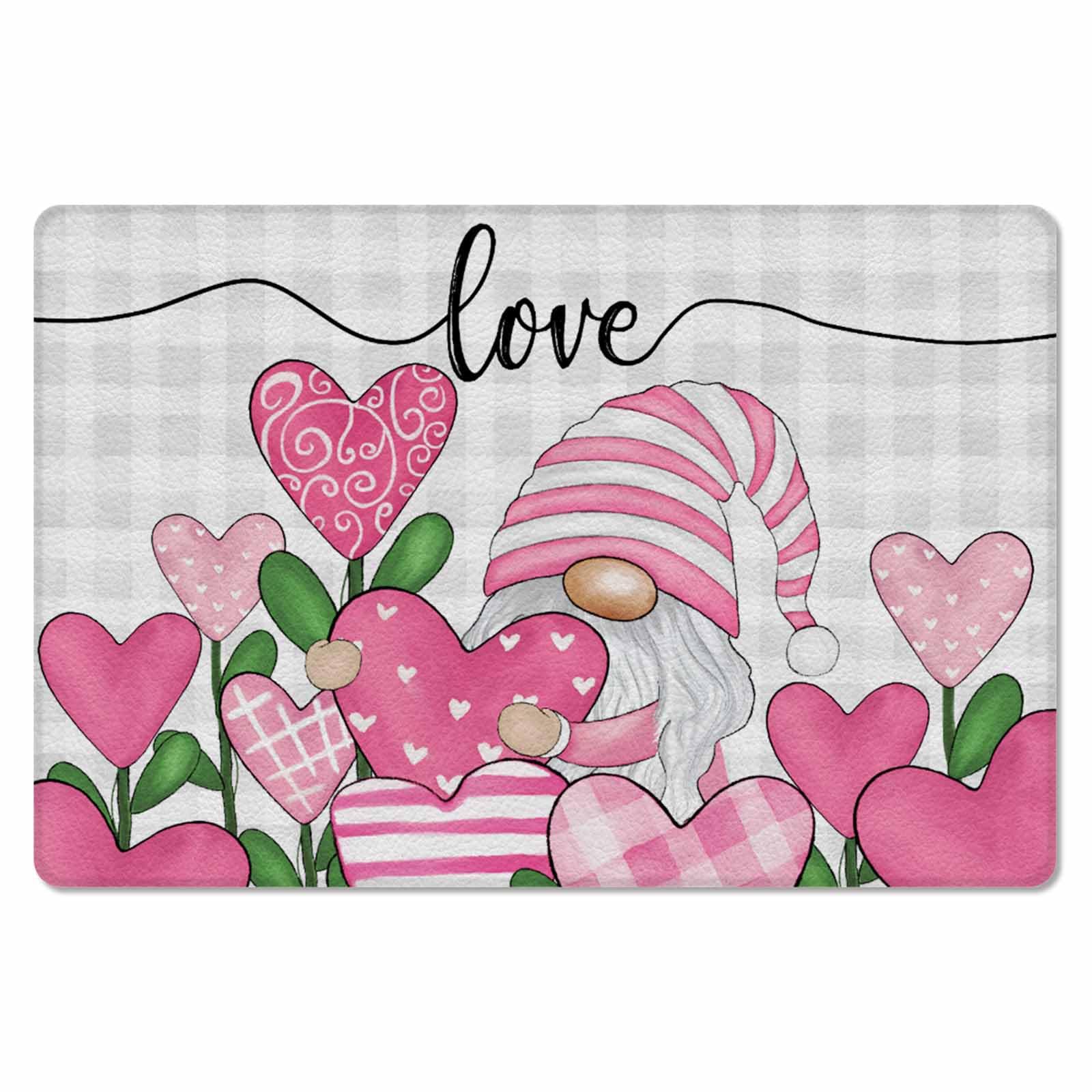 Jolunifun Valentine's Gnomes Plaid Kitchen Bath Door Mat Cushioned Runner Rug,Washable Welcome Floor Sink Antifatigue Mat,Waterproof & Non-Slip Comfort Standing Doormat,Gnomes Buffalo Stripes 18