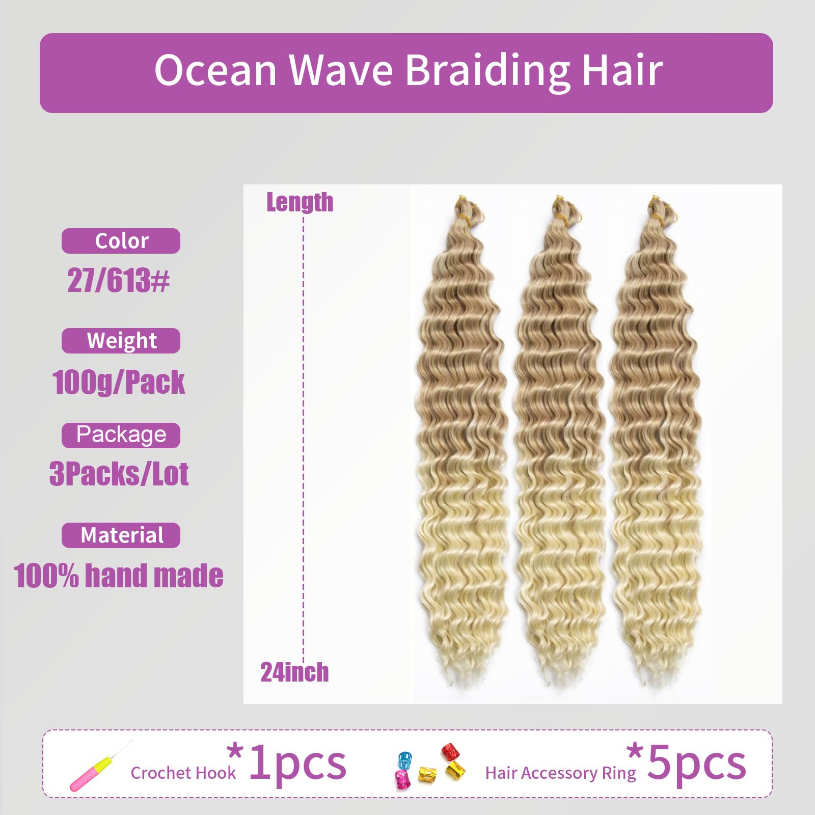 Ocean Wave Crochet Hair 3Packs Deep Wave Braiding Hair Curl Crochet Braiding Hair Extension Ocean Wave Braids Hair for women (27/613# - Image 2