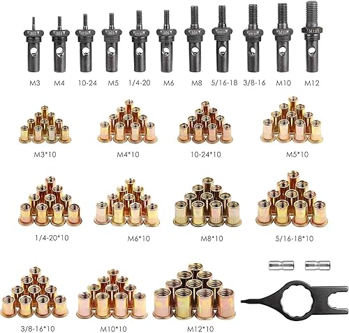 Miniatura 28 de WETOLS Kit de herramientas de tuerca de remache, herramienta de tuerca remachadora de 14 pulgadas con 7 mandriles métricos y SAE, remachadora manual