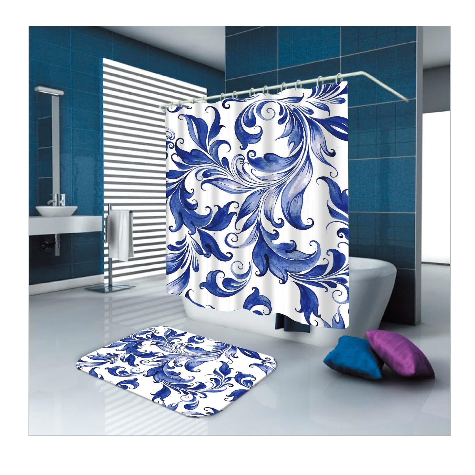 Cortina de ducha de 180 x 200 cm textil azul blanco y azul con diseño de hojas, cortina de baño, tela de poliéster, resistente al moho, lavable, 1,8 x 2 m de largo (ancho x alto), incluye