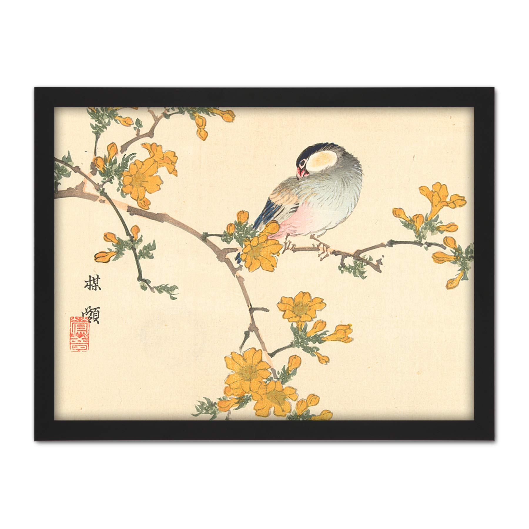 Artery8 Kono Bairei Songbird on Flowering Branch Artwork Framed Wall Art Print 18X24 Inch
