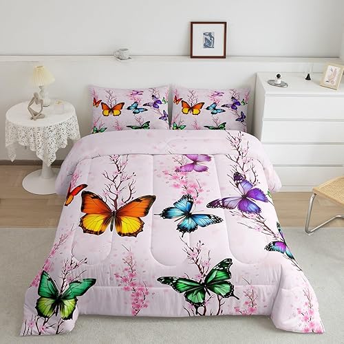 Juego de edredón de mariposa tamaño individual para niñas, ropa de cama de flores de cerezo rosa, colorido estampado de mariposas, decoración de