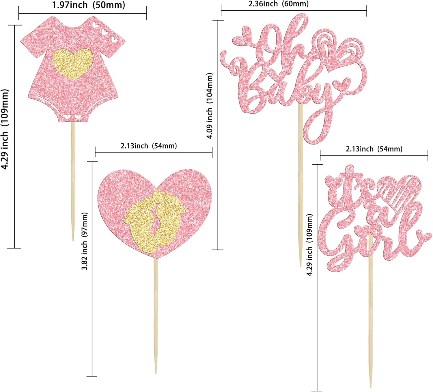 Ephlyn 24Pcs Happy Valentine's Day Oh Baby Cupcake Toppers Glitter Baby Feet Onesie Heart It's a Girl Cupcake Picks for Baby Shower Birthday Party Cake Decorations Supplies Pink - Image 2