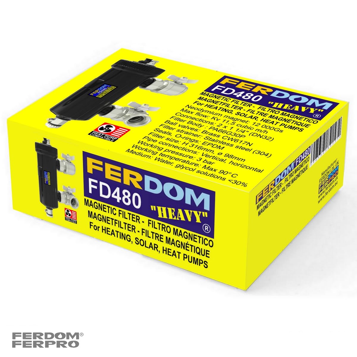 FERDOM FD480 HEAVY 5/4" DN32 Filtro Magnetico Con Separatore Per Riscaldamento Centrale, Pompe di Calore ecc. Magnete 12000Gs. Doppio Filtraggio 3000μm e 700μm. Per impianti da 70kW. 2 valvole da 5/4"