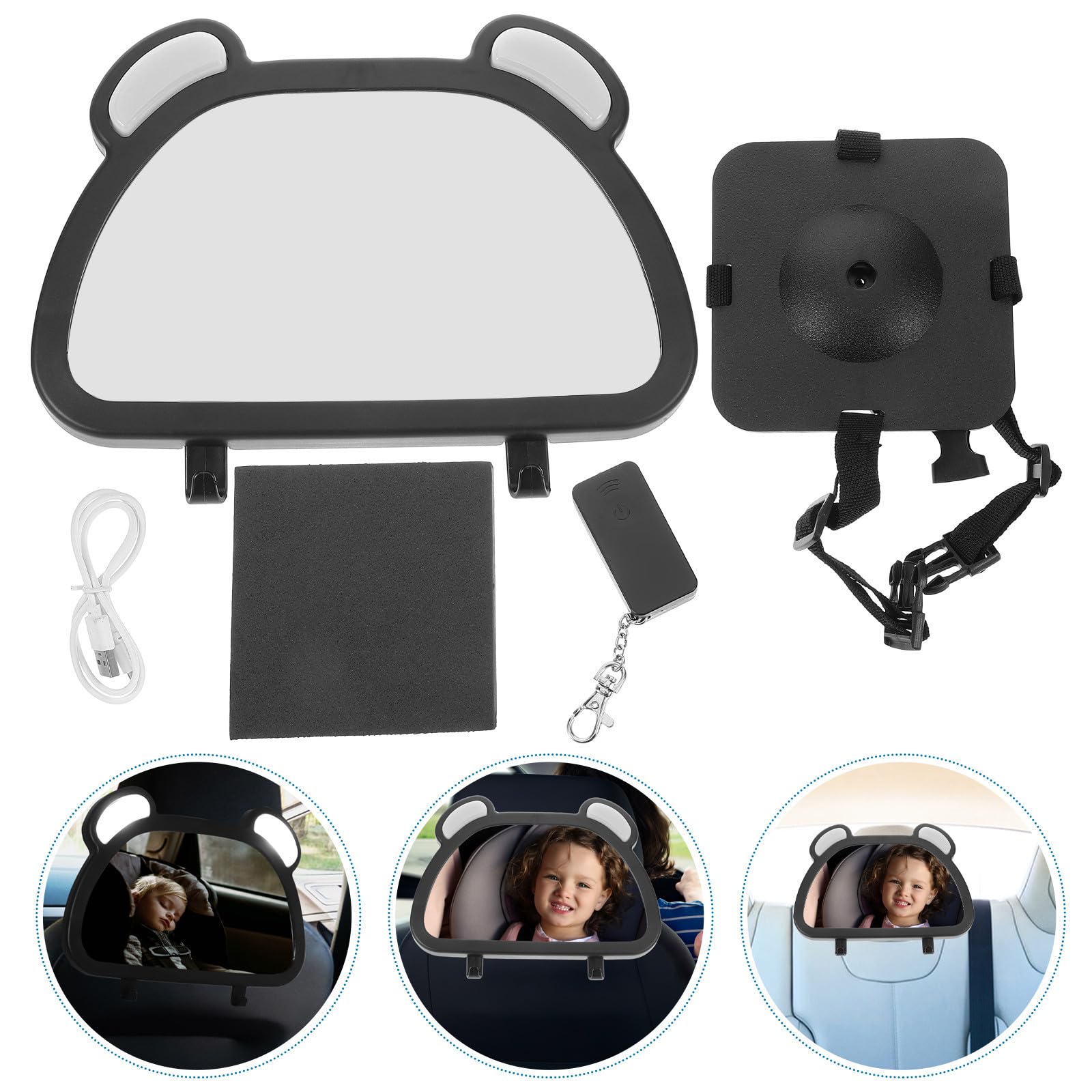 Espejo Retrovisor para Coche de Ñiño Giratorio 360° Negro