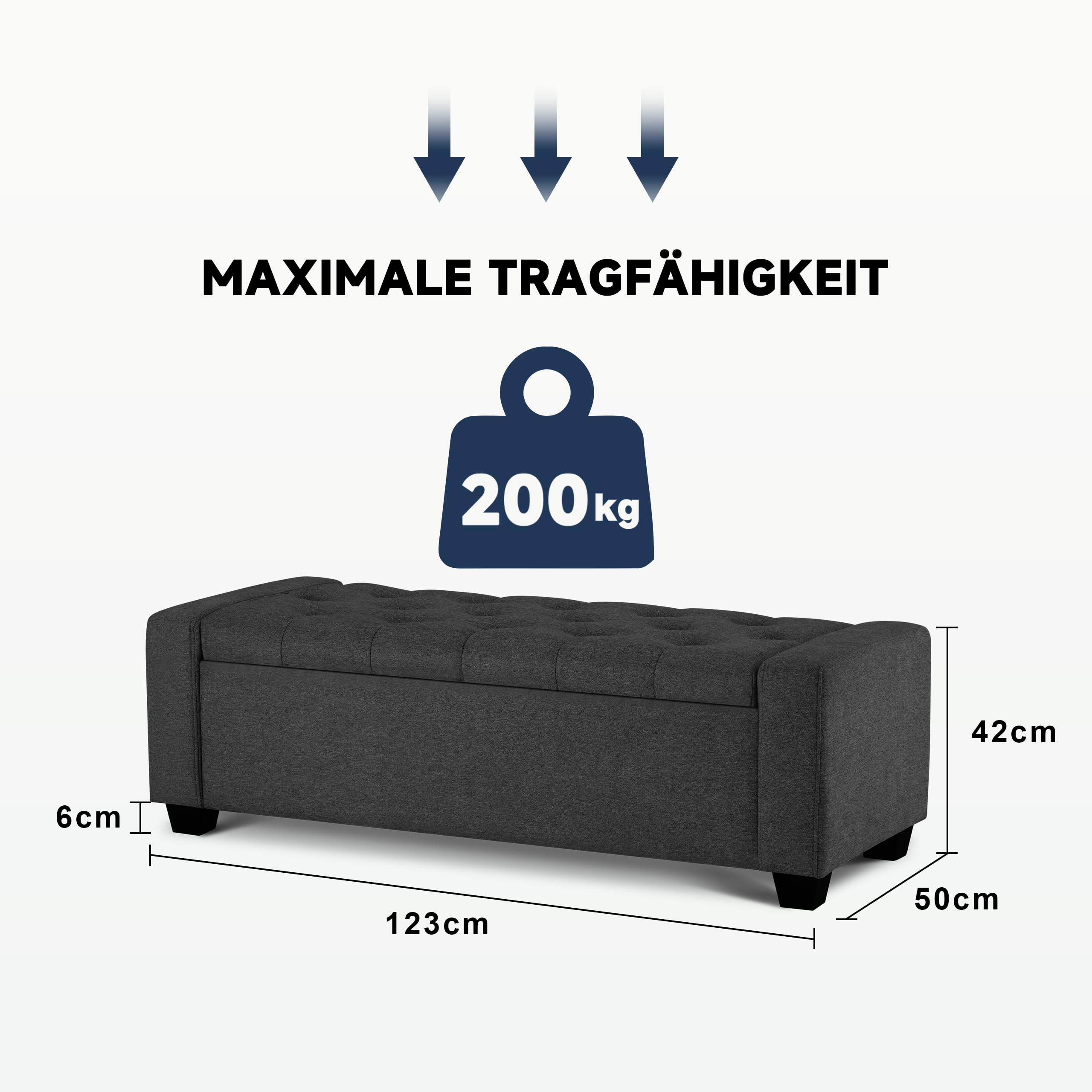 HOWJOE Sitzbank Mit Stauraum, Sitzhocker Mit Stauraum Belastbar Bis 200 Kg, Sitztruhe Mit Stauraum, Aufbewahrungsbox -123*50*42cm, Sitzbox, Polsterhocker Für Wohnzimmer Schlafzimmer Flur, Dunkelgrau