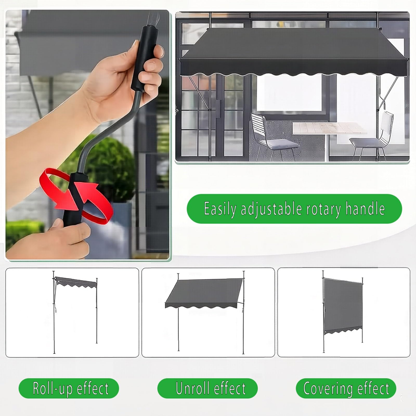 Klemmmarkise Balkon 200x120cm Markise Einziehbar mit Handkurbel, UV-beständig Sonnenmarkise, ohne Bohren für Balkon Garten Terrasse, 300x120cm(Dark Green,79x47in)