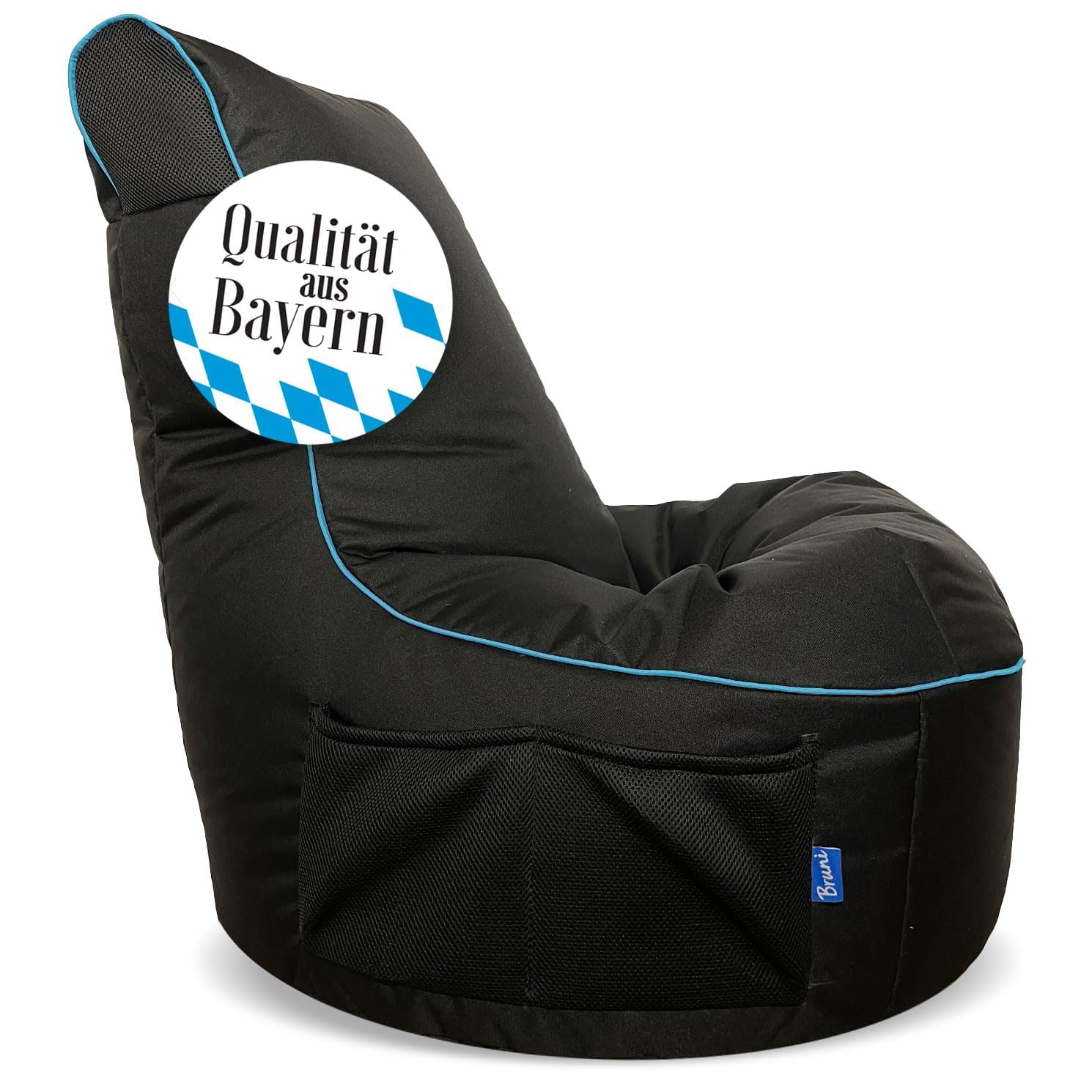 Bruni Cockpit – schwarzer Gaming-Sitzsack zum Zocken mit Lehne und Fach, Indoor und Outdoor geeignet, in Deutschland gefertigt (Schwarz/Blau)