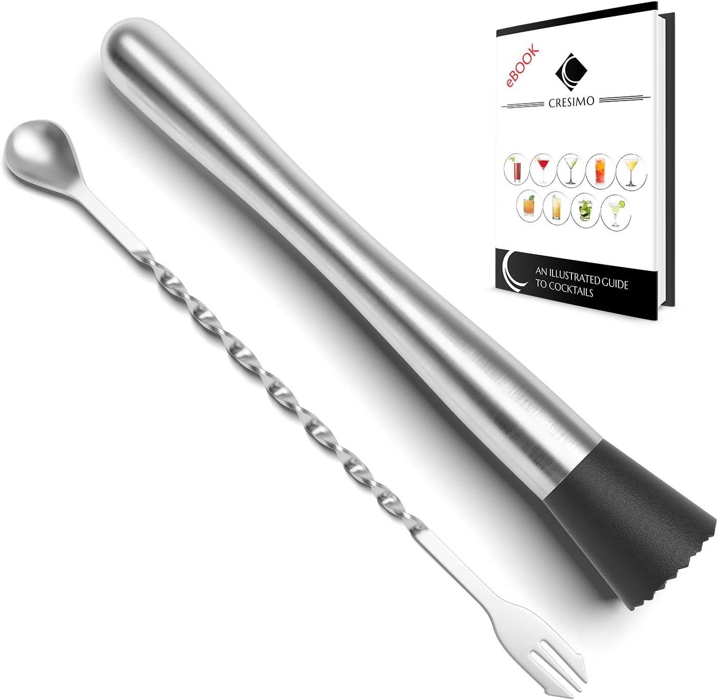 10 inch Stainless Steel Muddler for Cocktails and Mixing Spoon with Cocktail Recipes Book - Professional Home Bar Cocktail Muddler Set for Creating Mojitos, Margaritas & Fruit Based Drinks - Cresimo