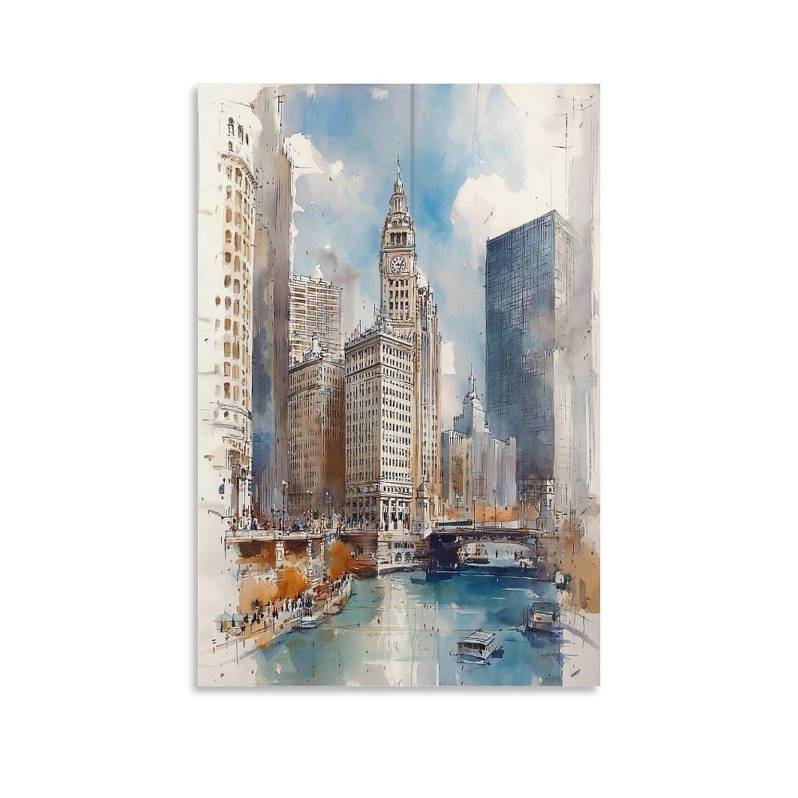 XWYMXZ Chicago Watercolor Vibrant Travel Posters 24x36inch(60x90cm) Vintage Watercolor Canvas Art