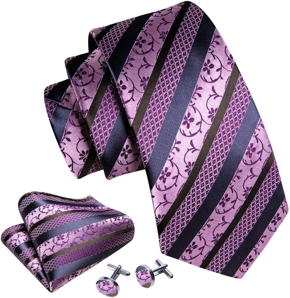 Striped Silk Men's Tie Delicate Floral Woven Tie Cufflinks Pocket Square Set Wedding Party