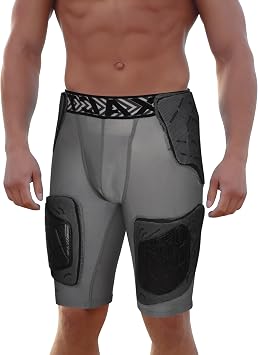 حزام كرة قدم للبالغين من Exxact Sports Gladiator مكون من 5 وسادات للرجال مع جيب على شكل كوب، شورت ضغط مبطن مع وسادات مدمجة للورك والفخذ وعظم الذنب، حزام كرة قدم للرجال
