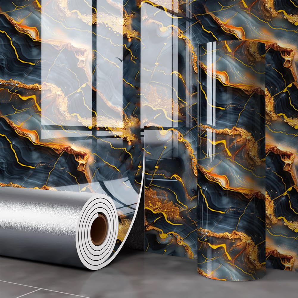 40x300cm Glossy Marble Peel and Stick Wallpaper,Waterproof Wall Sticker Waterproof Self-Adhesive Vinyl Wallpaper for Kitchen Bathroom Worktop (Black)