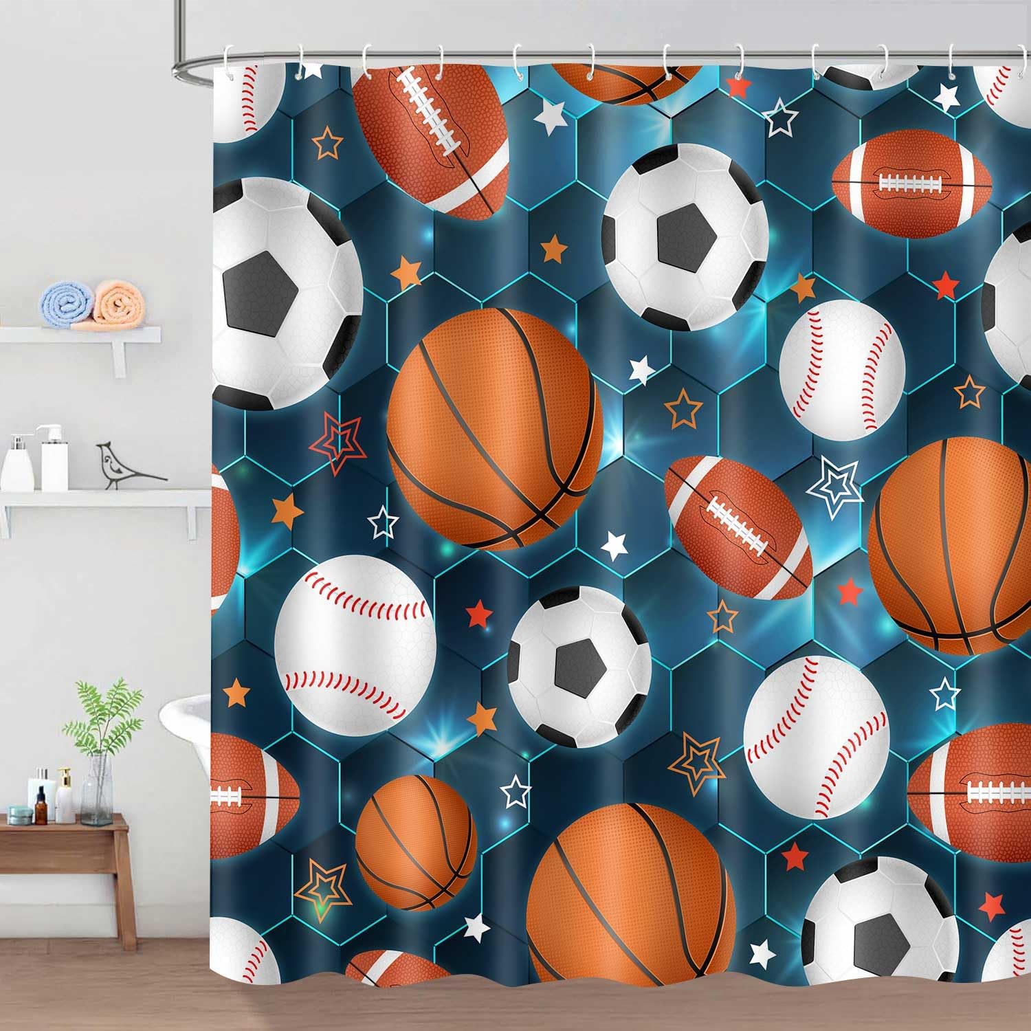 Basketball Shower Curtain Football Baseball Soccer Ball Sports Shower Curtains for Boys Teens Bathroom Decor 72x72Inch Abstract Futuristic Cubes Geometric Plaid Sport Gaming Bath Curtain with 12Hooks