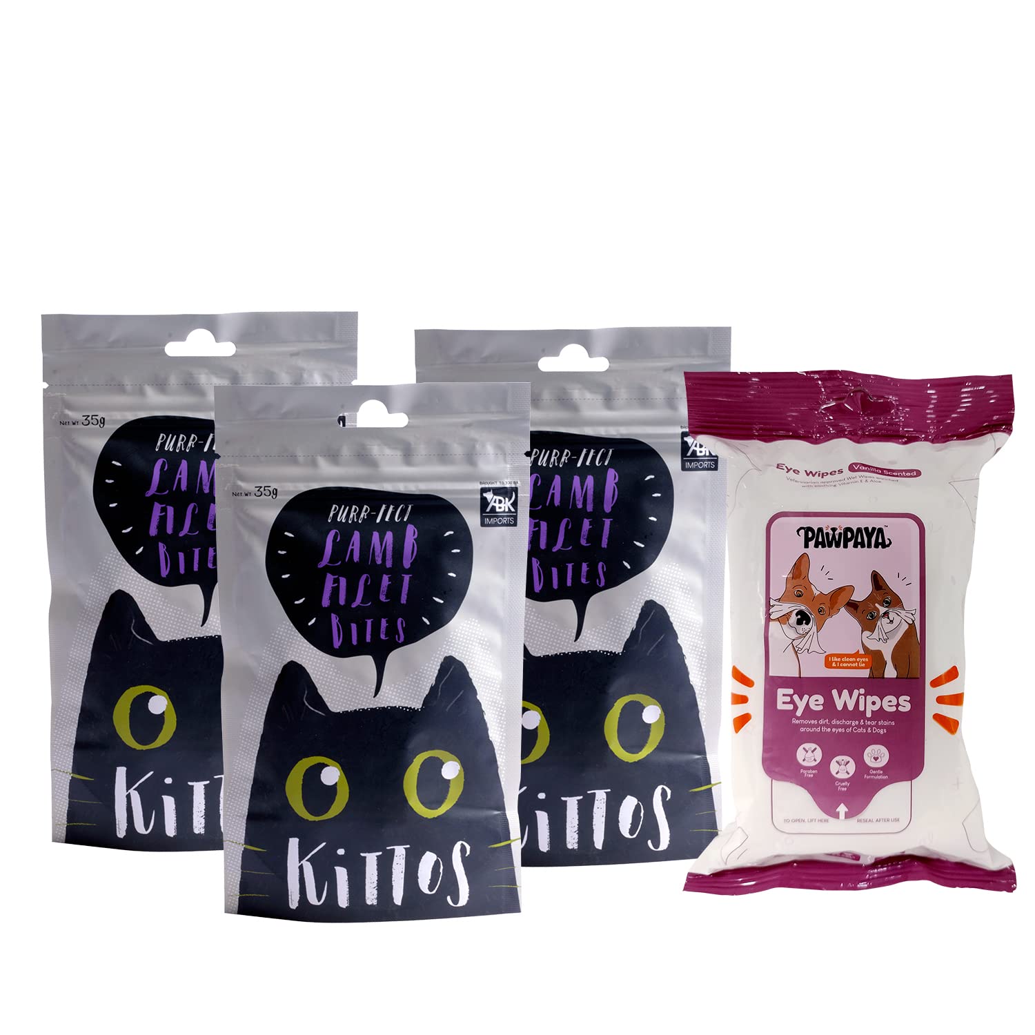Combo of Pawpaya Eyes Wipes for Cats, Paraben Free- 25 Wipes and 6 Pack of Kittos Healthy and Tasty Sunfish & Chicken Twirls Cat Treats, 35 gm Each