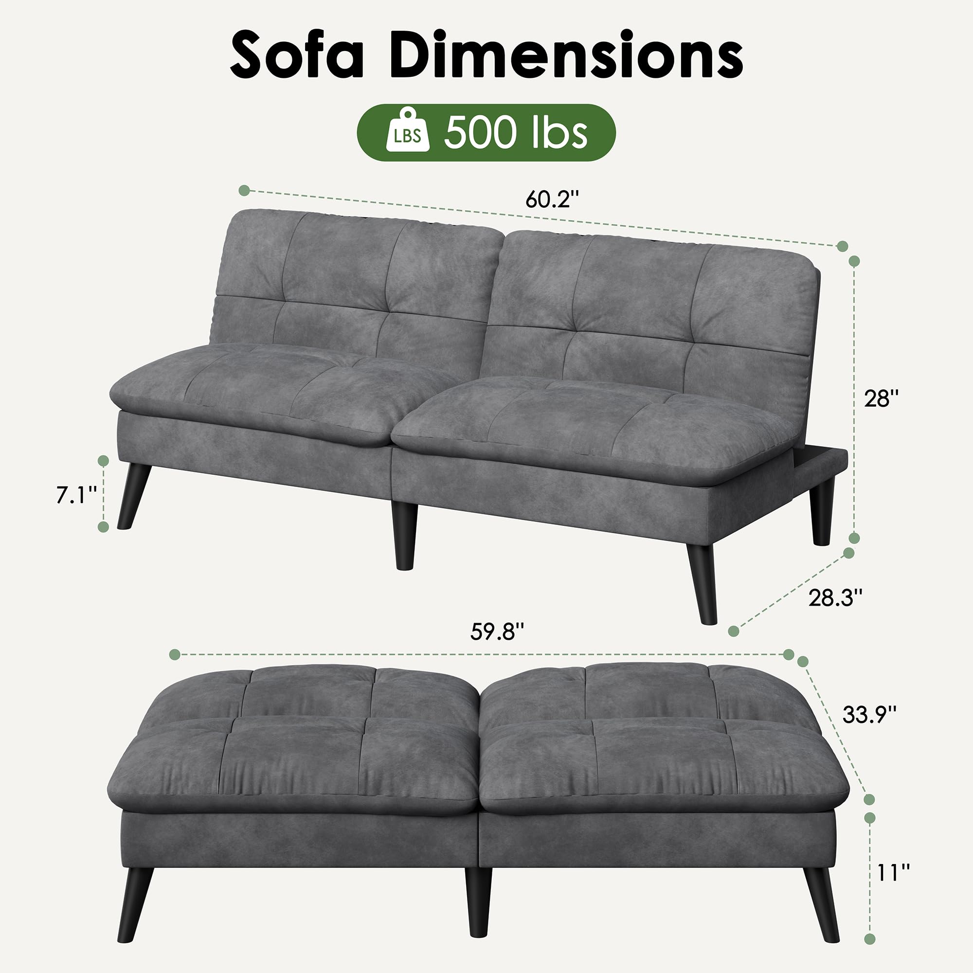Vongrasig Futon Sofa Bed Velvet Futon Couch with Adjustable Backrest, Small Convertible Folding Sleeper Sofa Bed, Modern Loveseat for Living Room, Bedroom and Small Space, (Gray)