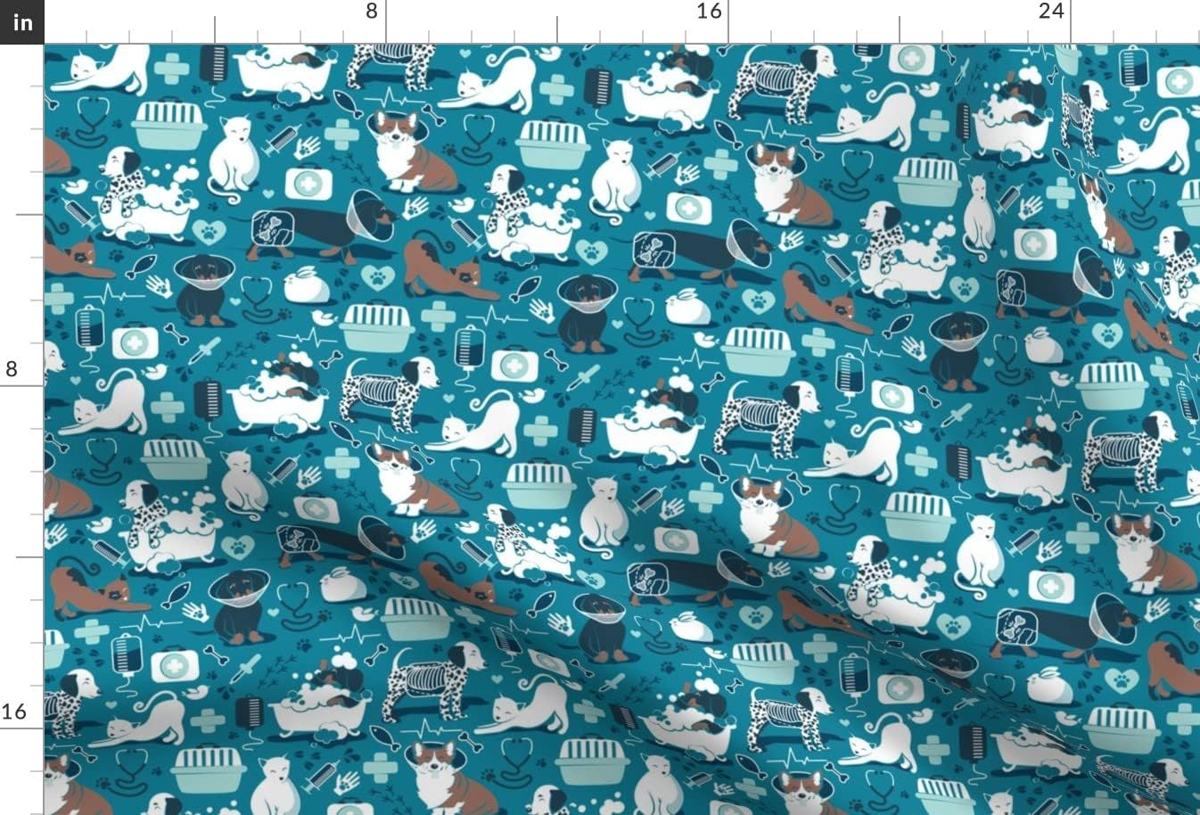 Spoonflower Fabric - Vet Medicine Happy Friends Small Scale Turquoise Background Aqua Navy Printed on Upholstery Velvet Fabric Fat Quarter - Upholstery Home Decor Bottomweight Apparel