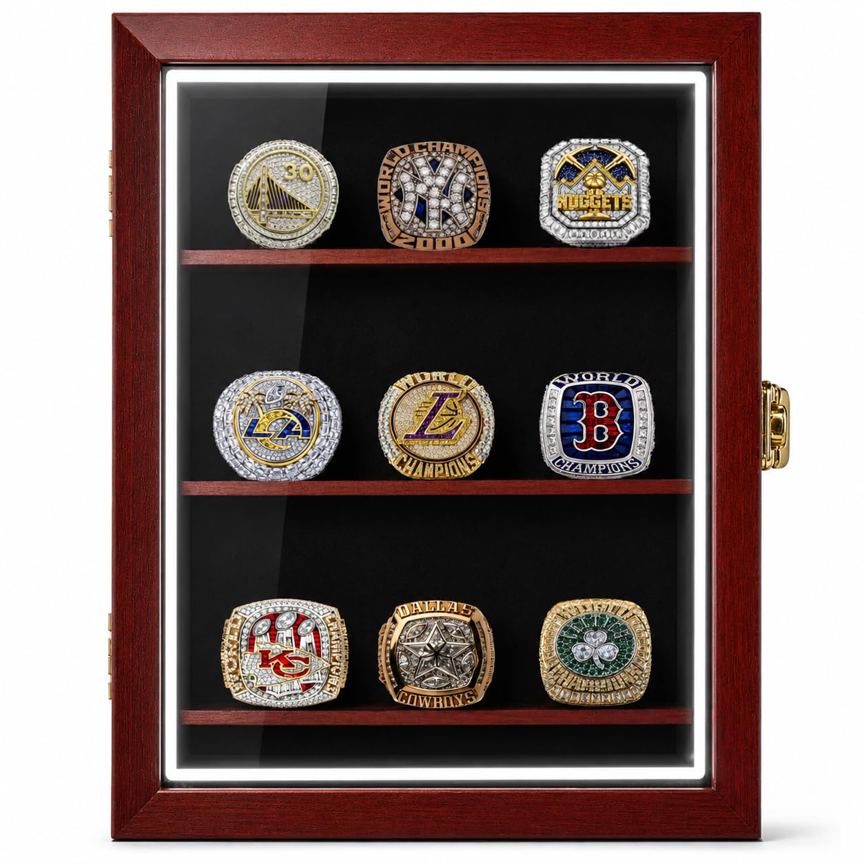 Vitrina de anillo de campeonato RGB LED – 9 anillos grandes de béisbol – Vitrina de exhibición de pared para almacenamiento de anillos, soporte de anillo de béisbol, sostiene anillos de