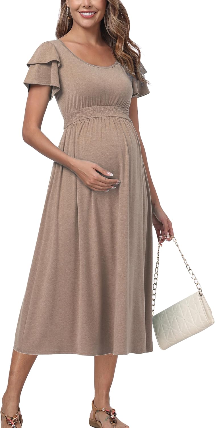 Ruffle Short Sleeve Maternity Dress High Waisted Midi Spring Baby Shower Dresses - Image 4