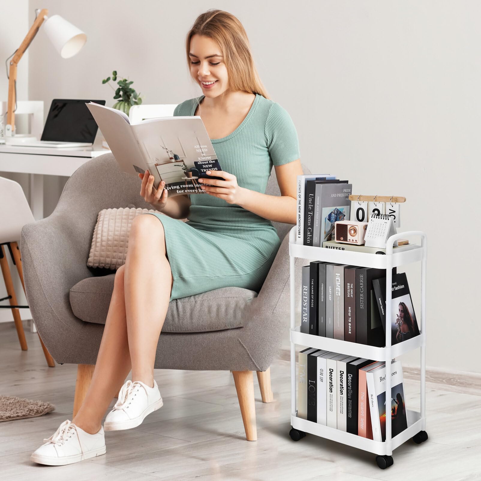 Carrito Organizador Ruedas de 3 Niveles, Plástico Blanco, Portátil | Diseño Simple y Elegante, Montaje Fácil, Amplio Espacio, Uso en Dormitorio y Habitación
