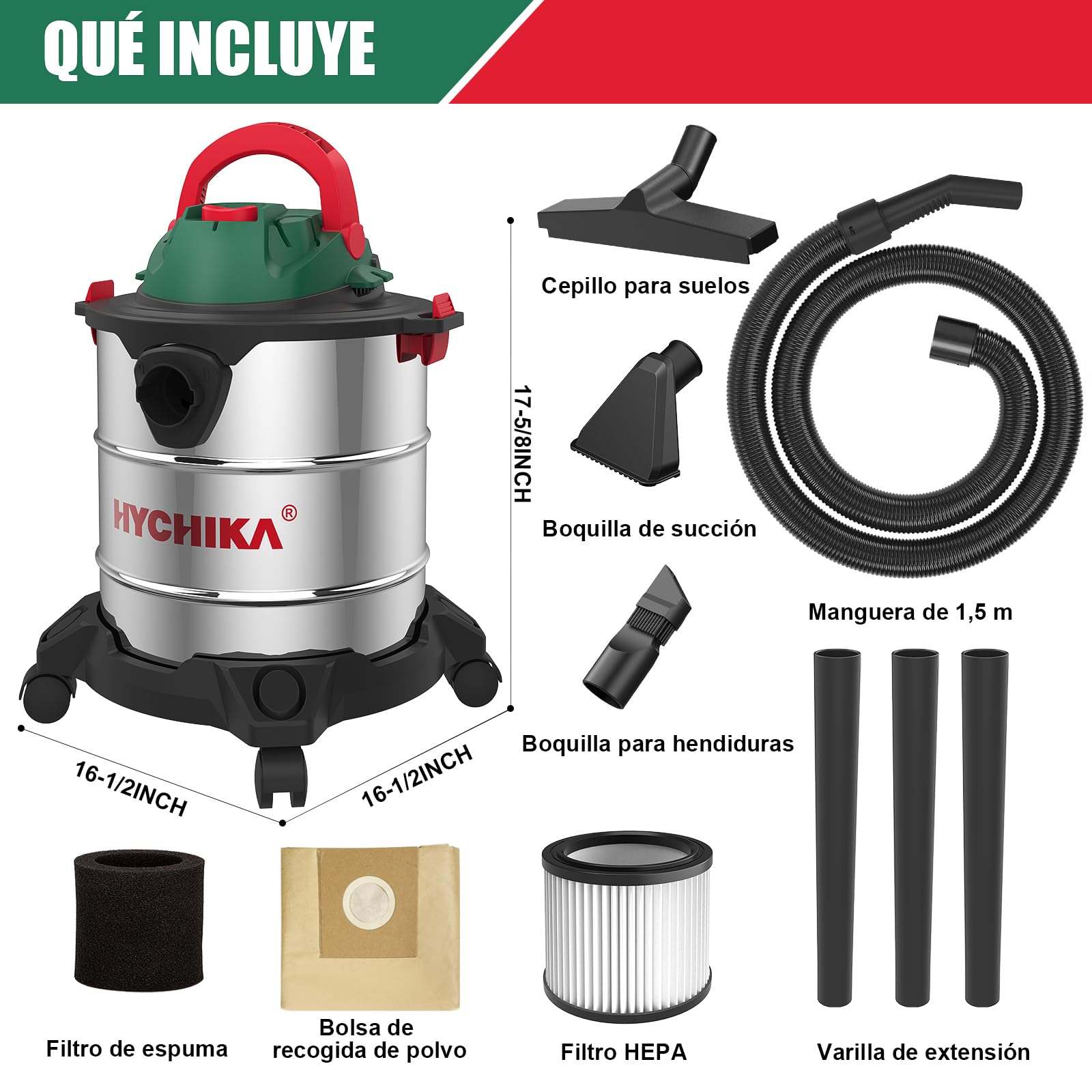 HYCHIKA Aspiradora Industrial 20L 3 en 1 Seco y Húmedo con Filtro HEPA