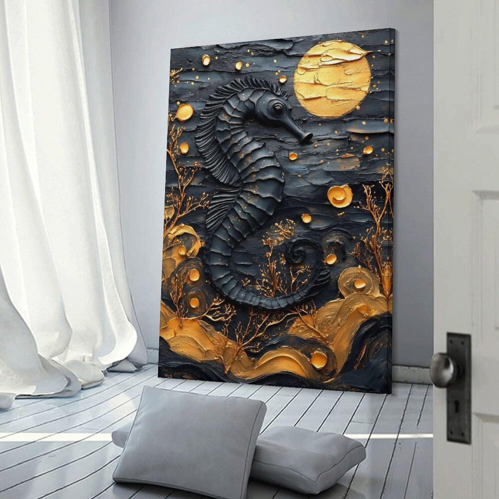 Junmoney Black Seahorse with Golden Accents Canvas Art Print 08x12inch(20x30cm), for Bedroom Walls, Guest Spaces Or Lounges, Home Artwork with A Soft Interior Feel