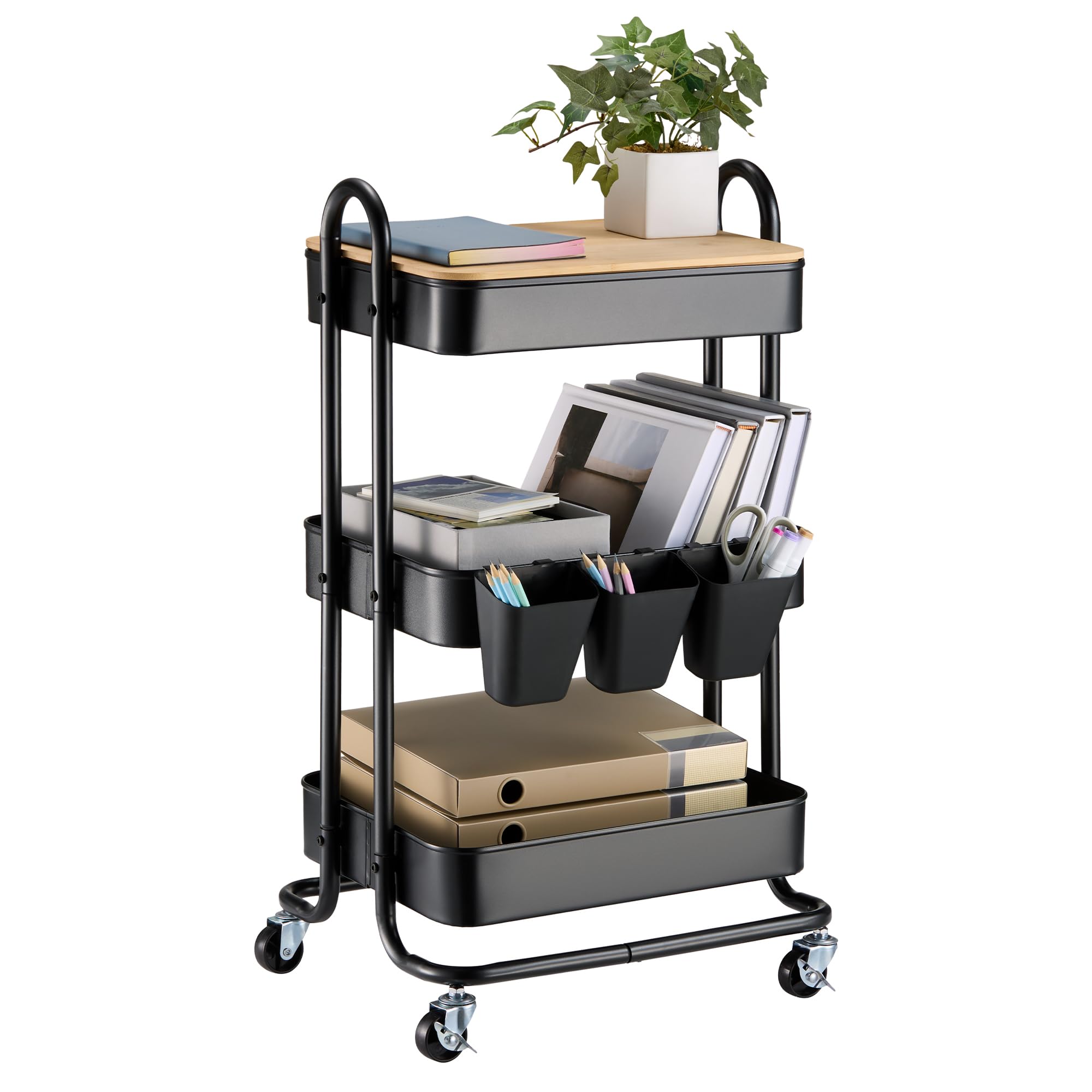 VonHaus Black Storage Trolley - 3 Tier Bathroom Storage with 4 Wheels - Kitchen Trolley with Steel Frame & Solid Bamboo Lid - Craft Cart with 3 Hanging Baskets & Hooks - Rolling Cart for Home Office