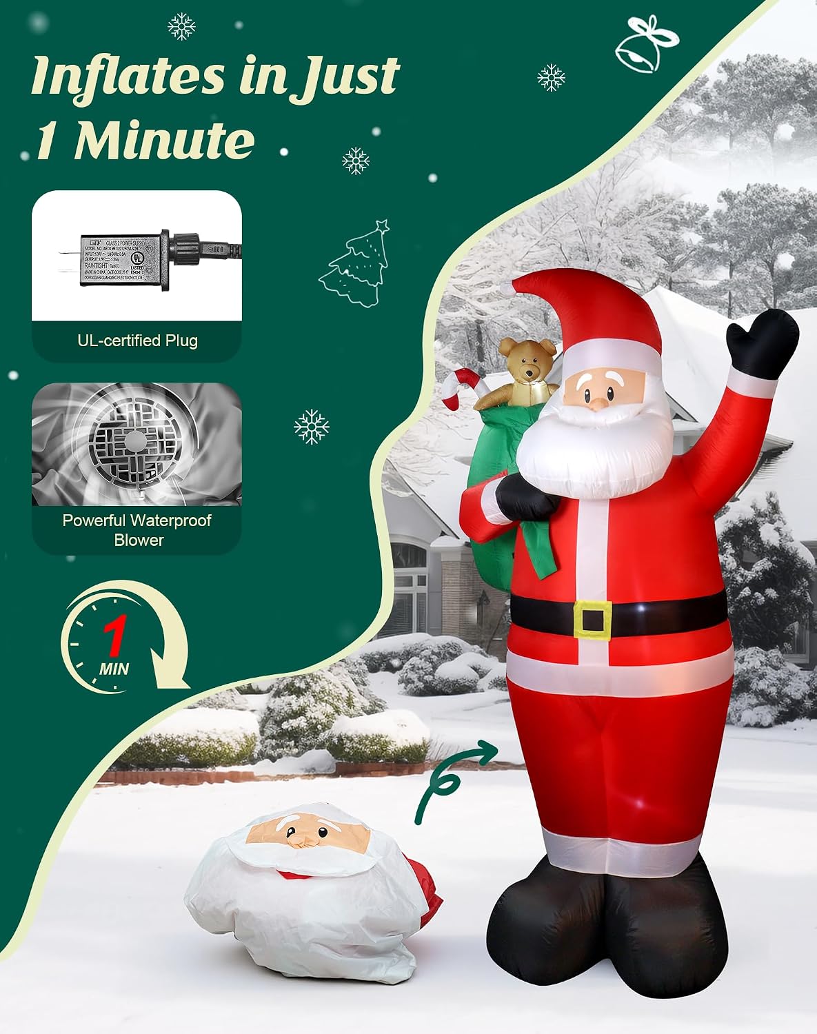 8 FT Christmas Inflatables Outdoor Decorations, Santa Claus with Candy and Gift Bag, LED Lighted Blow Up IP68 Weatherproof Standing Santa Xmas Indoor Outdoor Decor for Yard Garden Lawn Mall Party