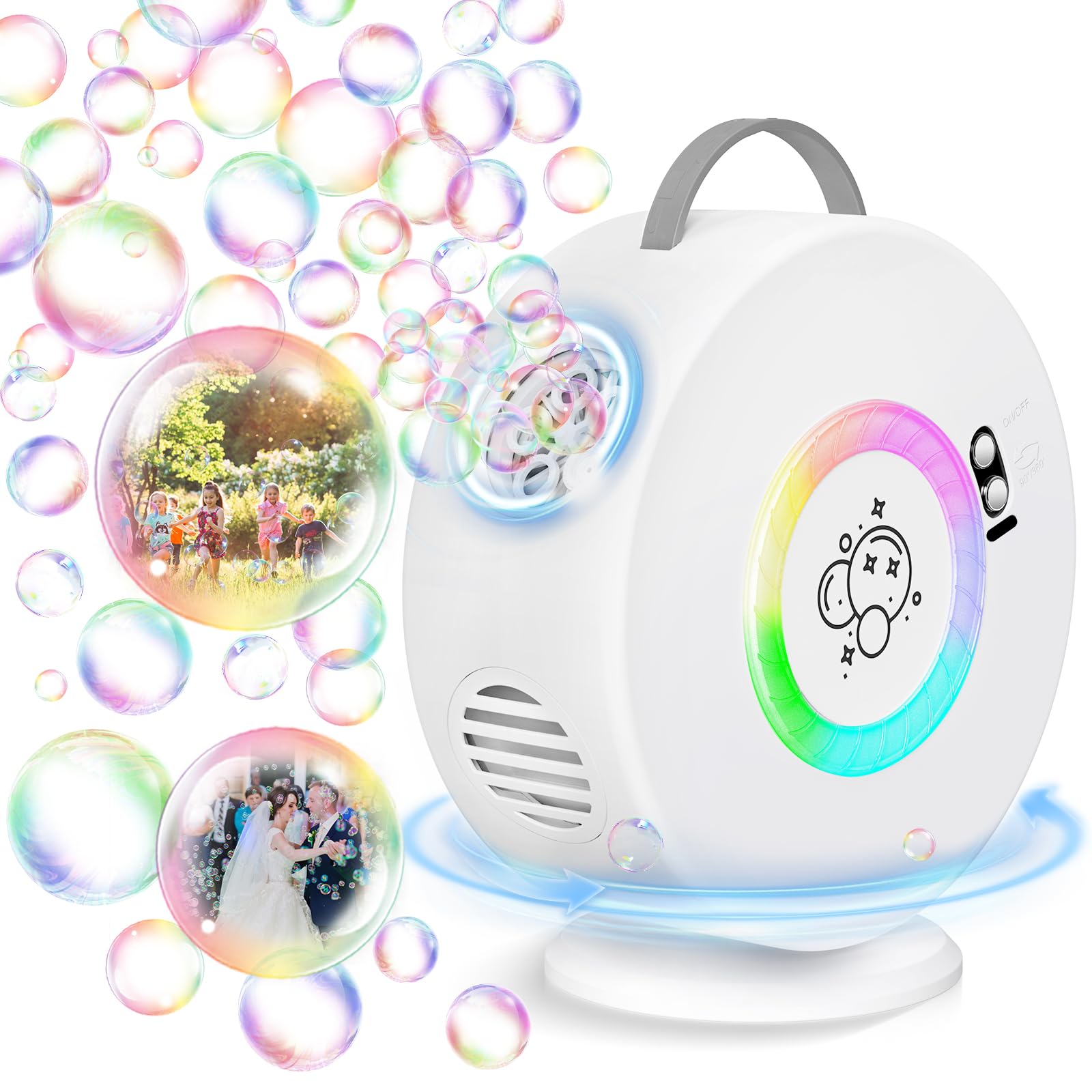 Bubble Machine with Automatic LED Lights, Bubble Blower for Kids, Rechargeable Portable Bubble Maker Machine Automatic Rotation 90°/360° Birthday Party Ultimate