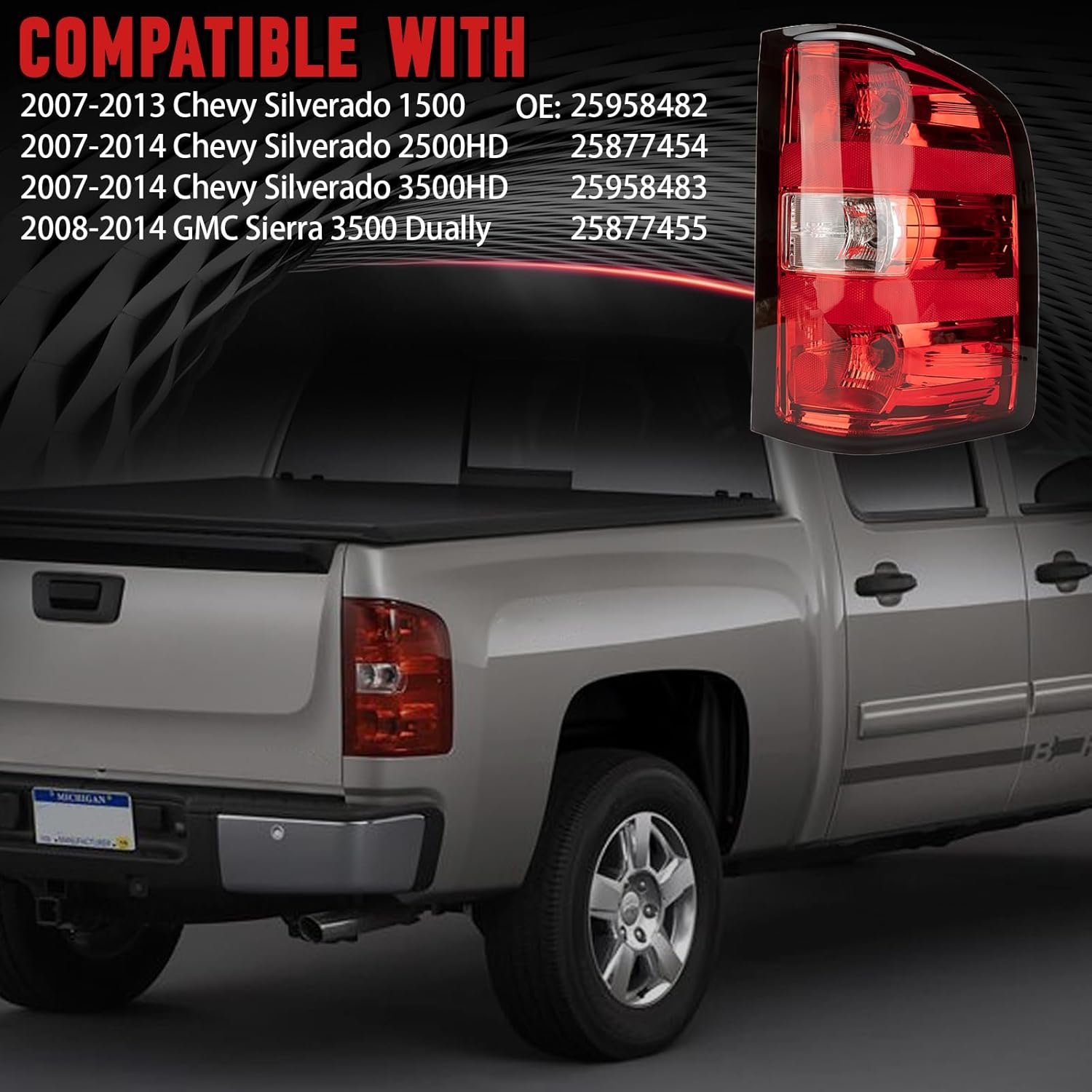 Tail Lights Assembly Right Passenger Fit 07-13 Chevy Silverado 1500 2007 2008 2009 2010 2011 2012 2013 2014 Chevrolet 2500 3500 HD 2500HD 3500HD Rear Brake Back Taillight Cover Lens 25958482