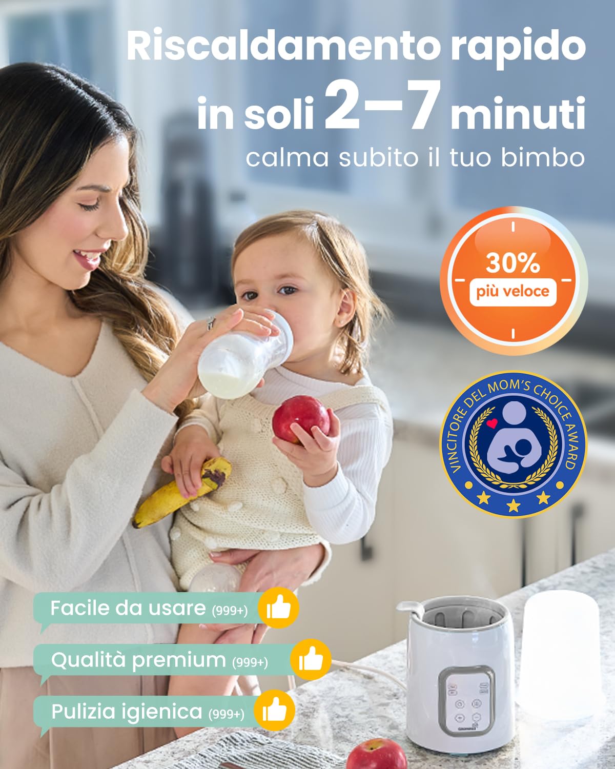 Scaldabiberon, Scaldalatte rapido per bambini GROWNSY 8 in 1 con timer per latte materno o artificiale, controllo accurato della temperatura, con funzione di scongelamento, sterilizzazione