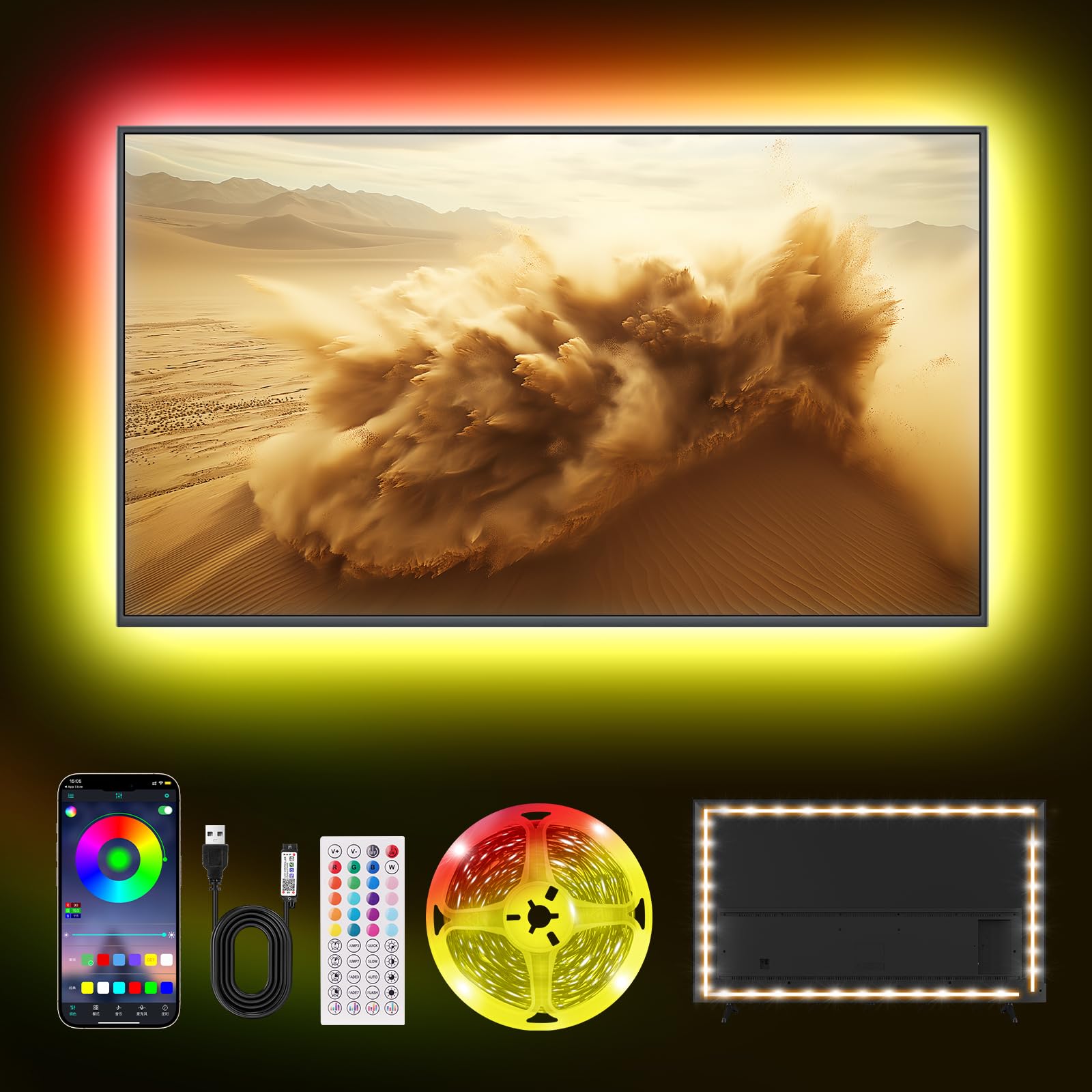 Liwqolx LED Backlights, 1M RGB Music Sync Lights for 32-50 Inch TV Behind, 30Leds/M with Remote APP Control USB Strip Lights for Party,TV,Gaming Room — image 1