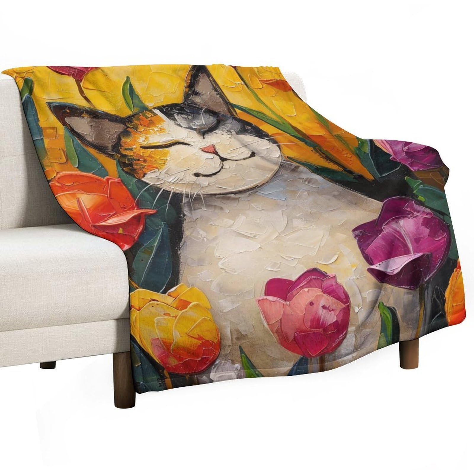 Yhgsreuoh White-Style Happy Cat In Tulip Garden 03 Flannel Blankets Fleece Soft Throw Lightweight Plush Gifts For Couch, Bed, Cozy Sofa Plush, Chair, Lovers 150X200cm(60X80in)
