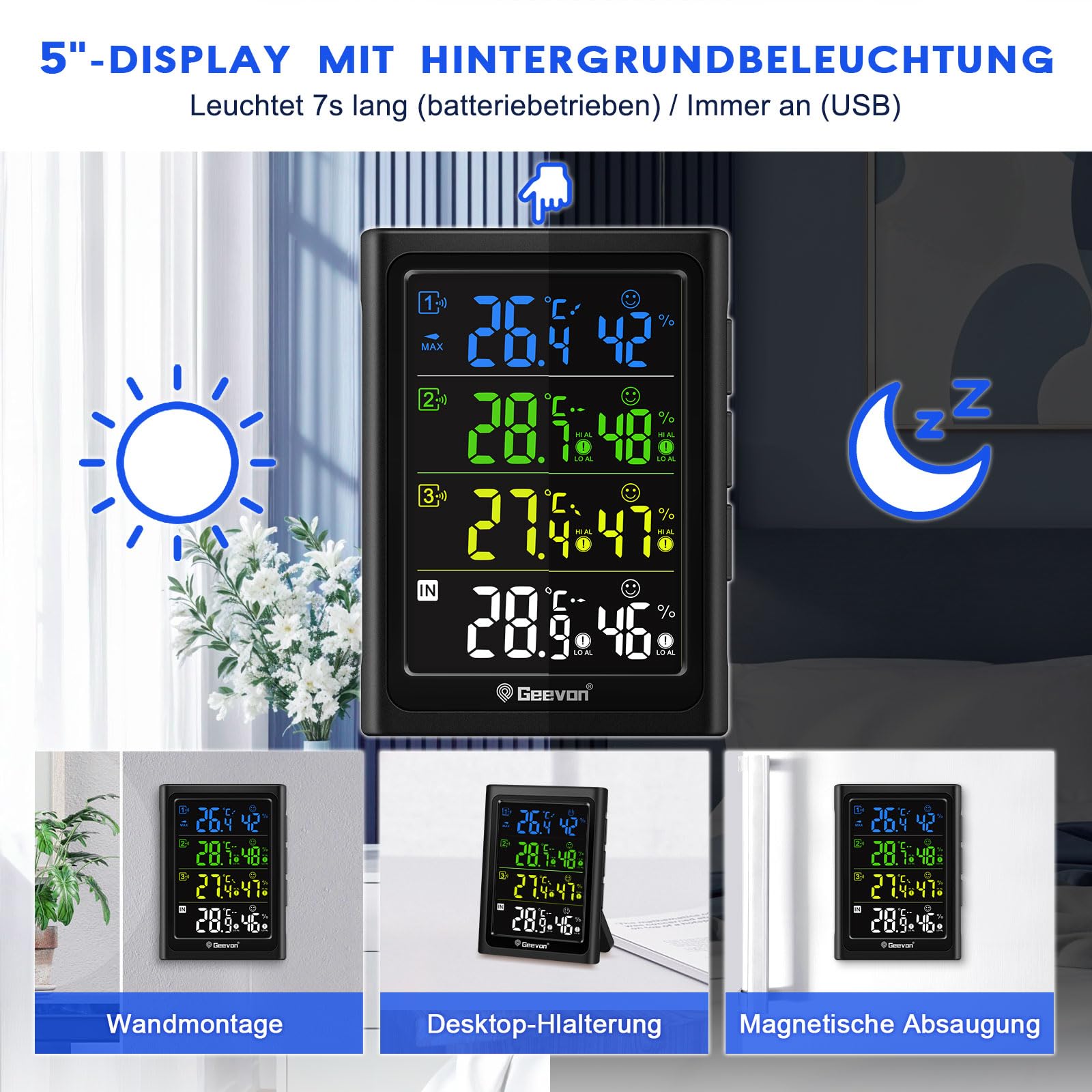 Geevon Termometro Interno Esterno con 3 Sensori a Distanza, Termometro Igrometro Digitale per Umidità, Misuratore di Temperatura e Umidità con Portata di 90M/300FT (Nero con Batteria)